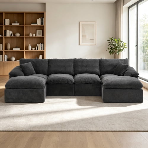 130" Modular Sectional Sofa, L-Shape Cloud Couch with 2 Movable Ottomans, Comfy Chenille Deep Seat Sofa with Soft Pillows for Living Room Apartment, Black