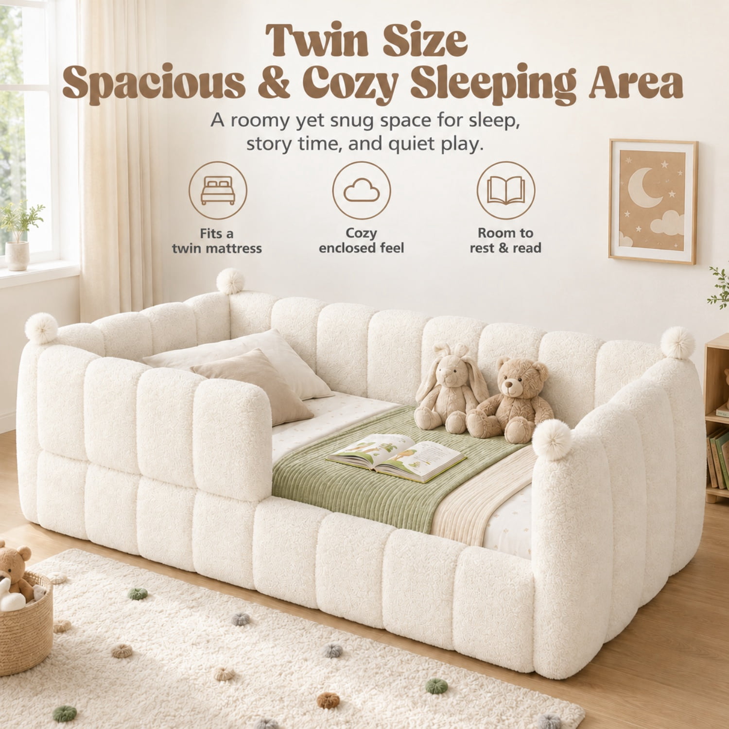 Miniyam Twin Size Kids Floor Bed with Soft Upholstered Guardrails, Low-to-Ground Montessori Bed Frame, Beige