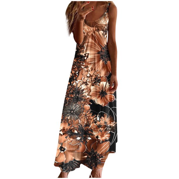 Vestidos de Verano con Cuello en V para las Mujeres 2025 Imprimir Vestido de Cuello Redondo sin Mangas Vestidos Largos Casuales, Ligeros Y de Moda