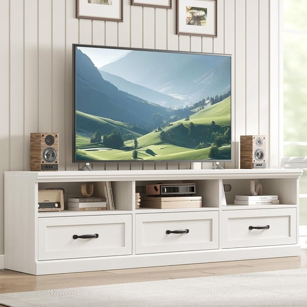 70-Inch Mid-Century Moderno TV Soporte para 75-Inch TVs Blanco Entertainment Center con Almacenamiento Cajón y Abierto Shelves para Living Sala