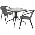 thumbnail image 1 of 28'' Square Glass Metal Table with Black Rattan Edging and 2 Black Rattan Stack Chairs, 1 of 9