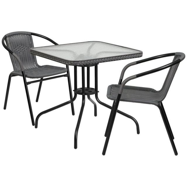 28'' Square Glass Metal Table with Black Rattan Edging and 2 Black Rattan Stack Chairs