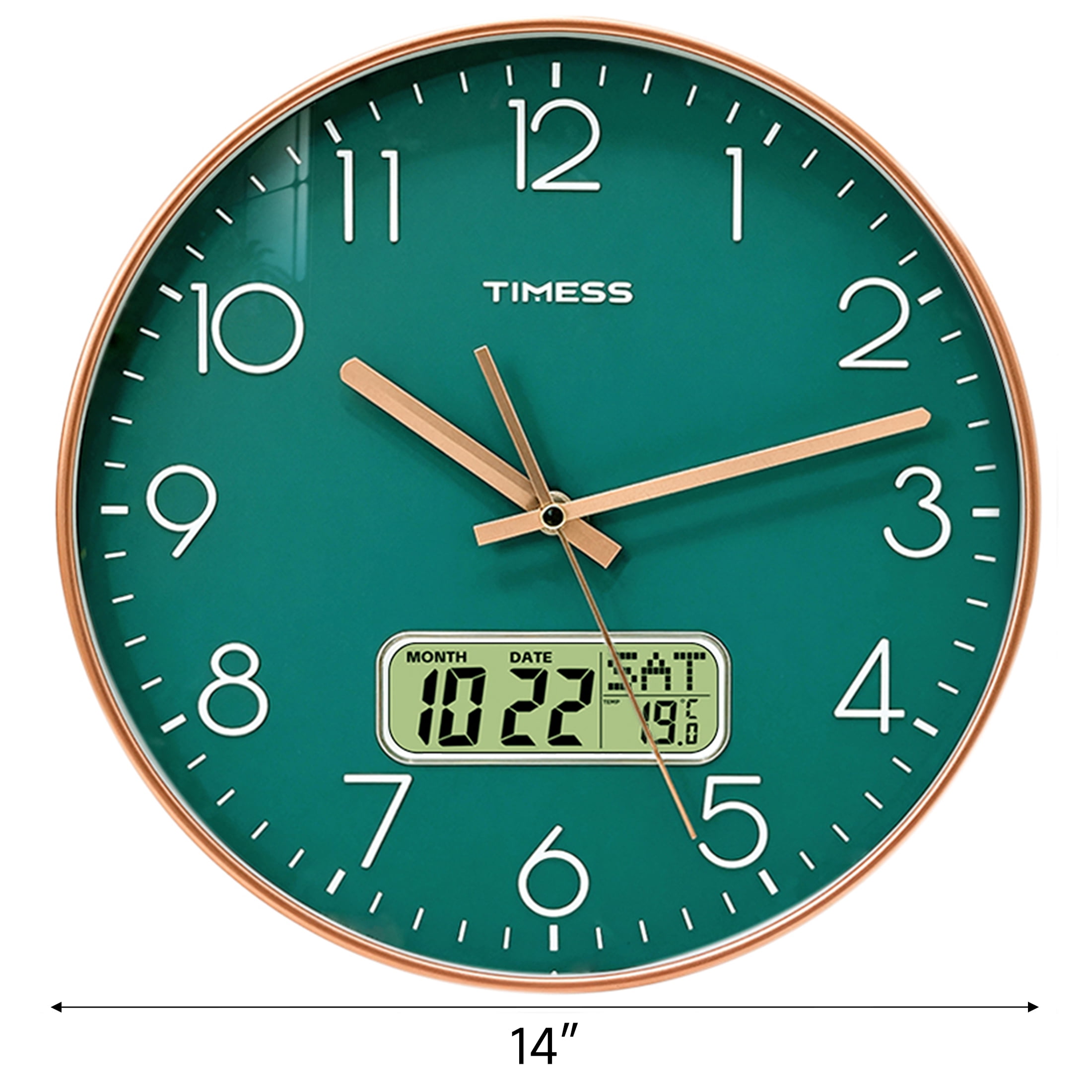 TIMESS 14 Inch Silent Wall Clock with Date Display, Large Easy-Read Numbers, Battery Operated, Modern Home Clock (Green)