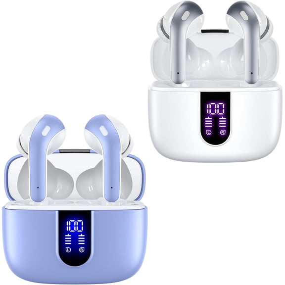 2 Sets X08 White and Purple Bluetooth True Wireless Earbuds 60H Playback Ear Buds with Wireless Charging Case in-Ear Earbuds with Mic