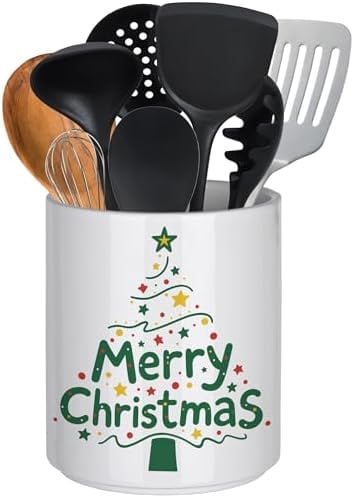 Christmas Utensil Holder Ceramic Cooking Utensil Holder for Kitchen Counter Green Xmas Tree Utensils Holder, Large Spatula Holder Glossy White Christmas Gift Kitchen Decor （6.5”H x 5.5”D）
