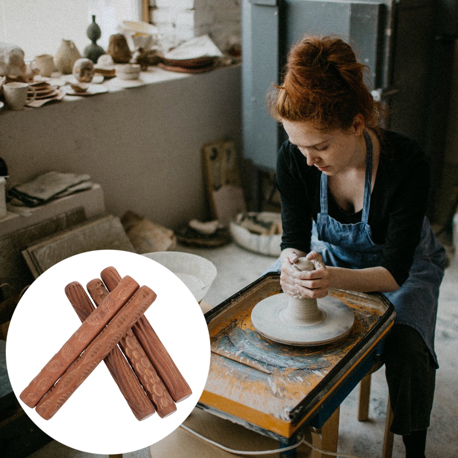 WORGEOUS 5-Piece Pottery Tool Set with Printed Mud Boards, Reusable Clay Sculpting Tools 11.7x1.2CM for Ceramic Art