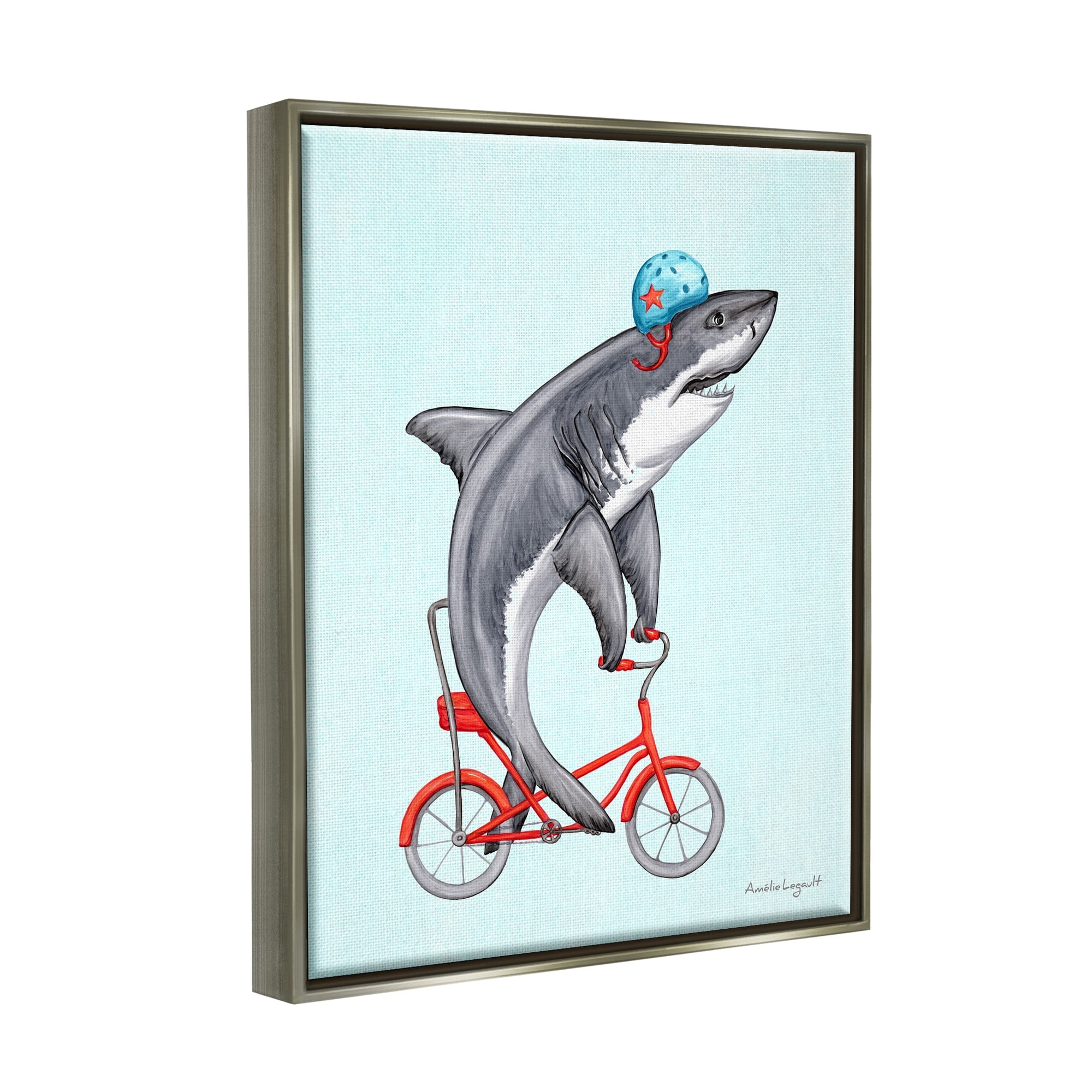 Stupell Industries Great White Shark On Red Bicycle Blue Helmet Graphic Art Luster Gray Floating Framed Canvas Print Wall Art, Design by Amelie Legault