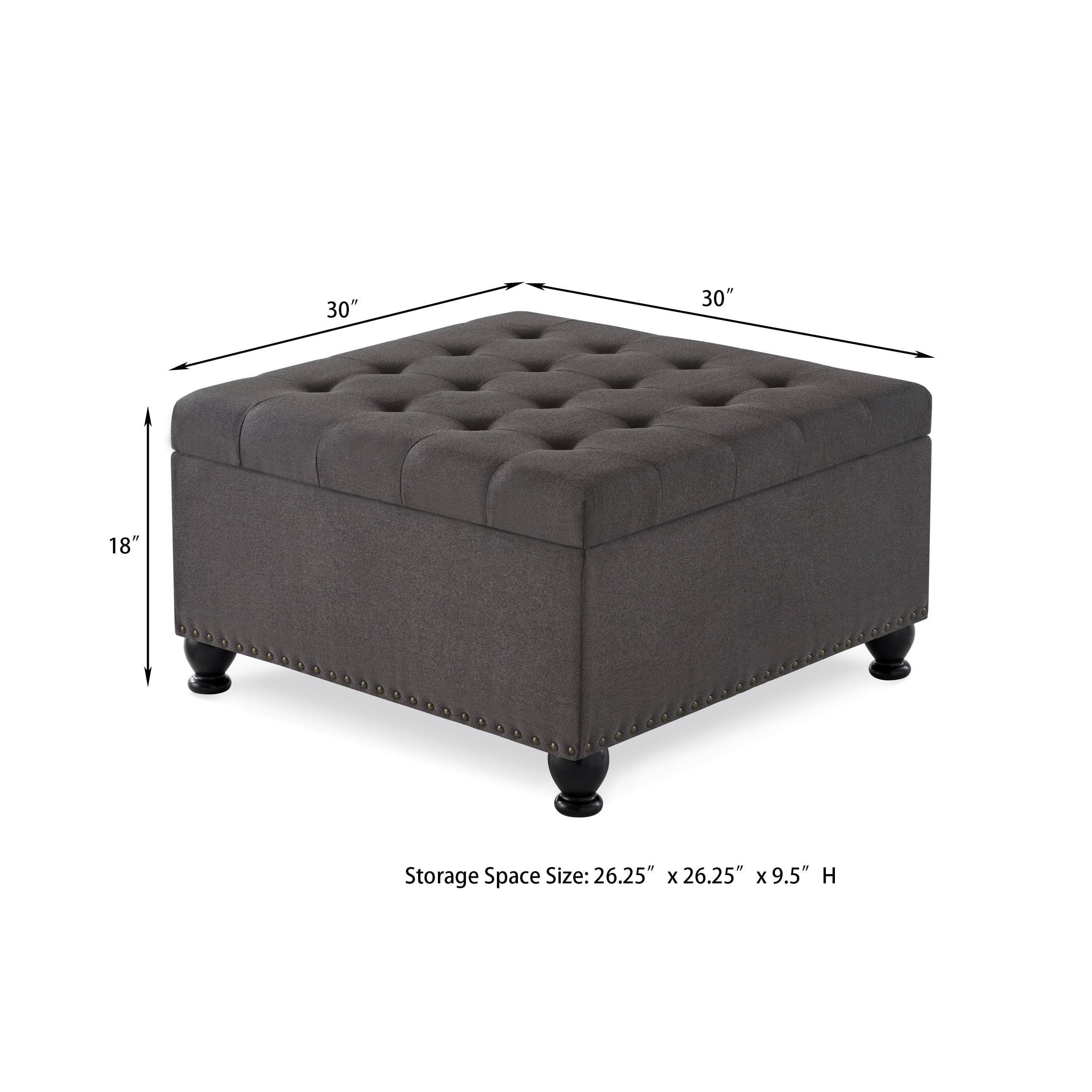 Square Storage Ottoman Coffee Table, Large Upholstered Ottoman with Hidden Storage, Button Tufted Bench with Nailhead Trim & Wooden Legs,Dark Gray