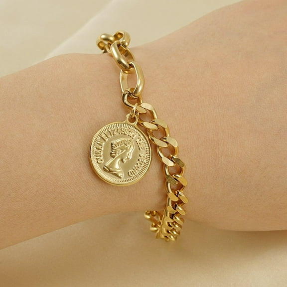 14K Yellow Gold Round Portrait Coin Charm Bracelet for Women Fashion Wrist Chain Jewelry Gifts