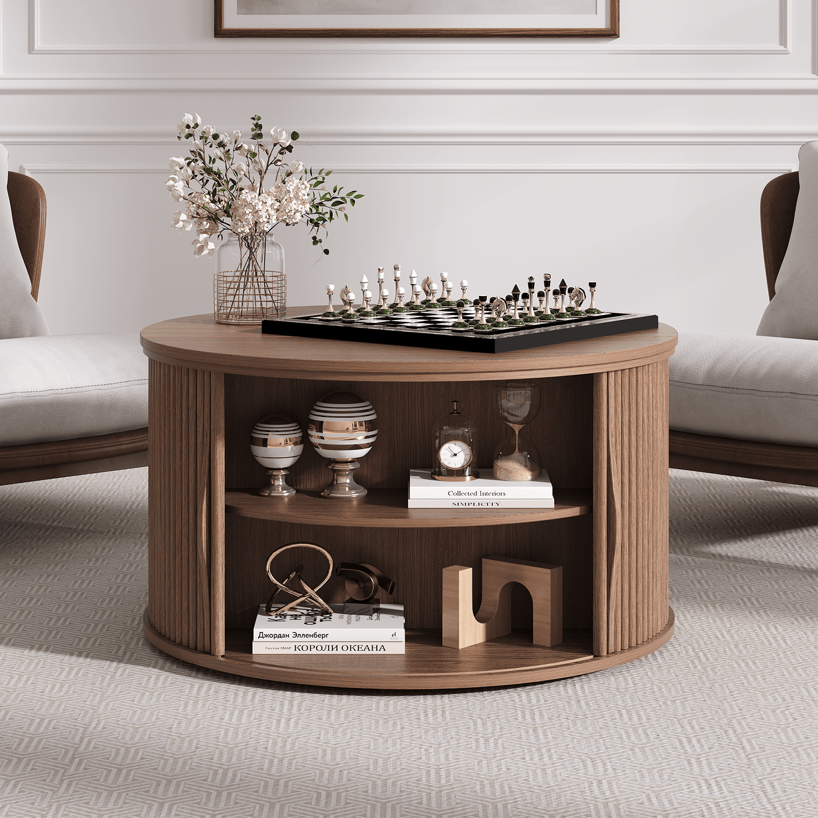 JOINICE Round Coffee Table with Lift Top,Mid Century Modern Wood Center Table with Storage,for Living Room,Walnut
