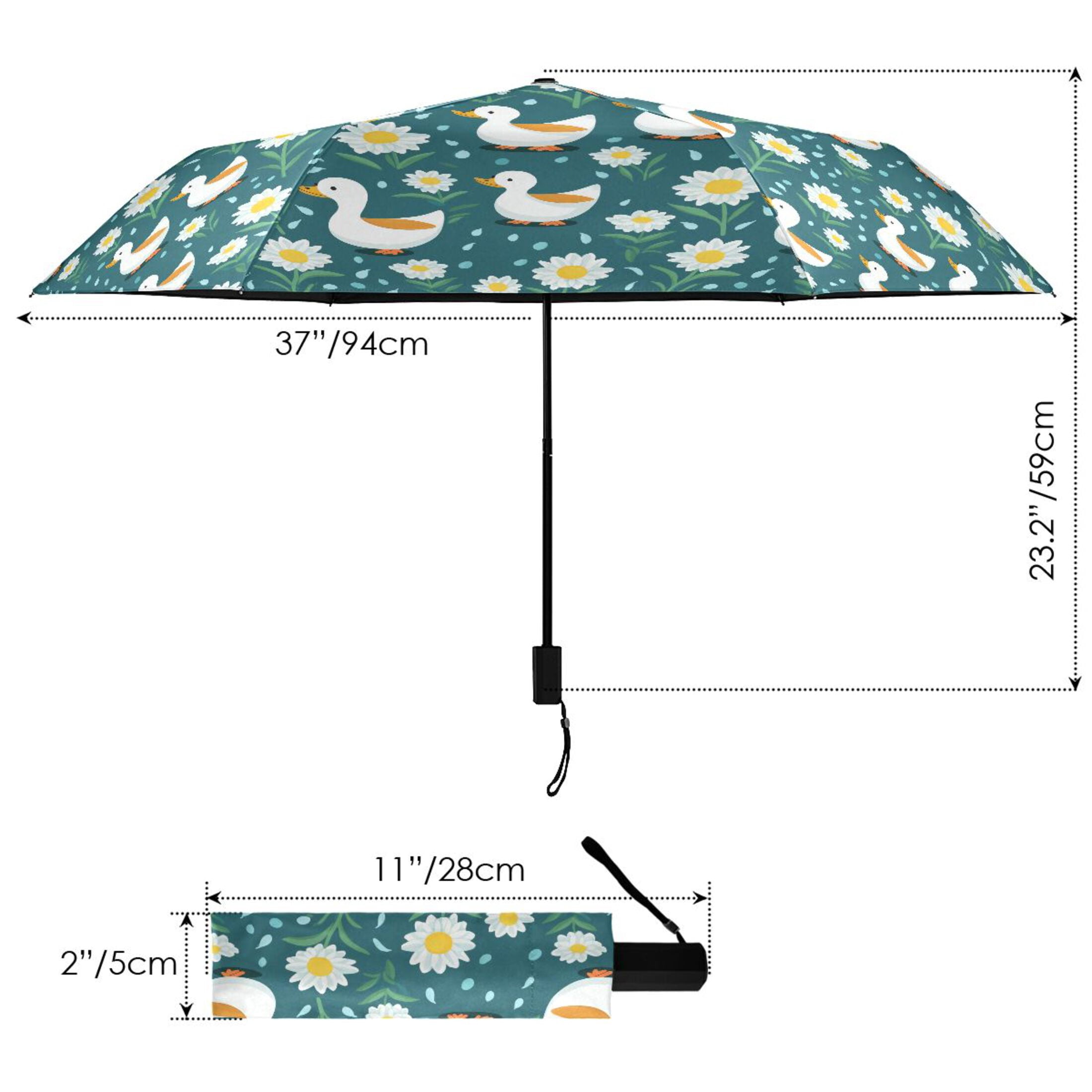 Cartoon Cute Duck and Daisies Compact Sun Umbrella Windproof Travel Umbrellas for Rain Strong Portable UV Protection