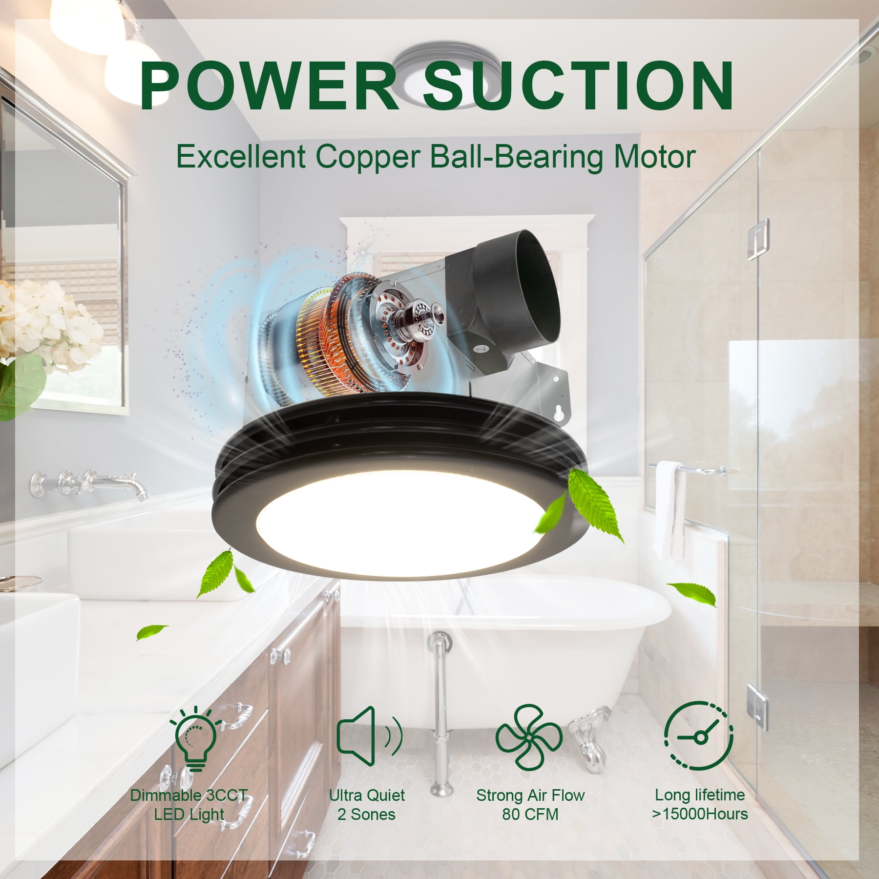 Akicon Exhaust Fan, 80CFM 2.0 Sones Bathroom Exhaust Fan with Light, Bathroom Fan with Dimmable 3CCT LED Light and Acrylic Light Cover, Bath Ventilation Fan for Home, Round, Matte Black