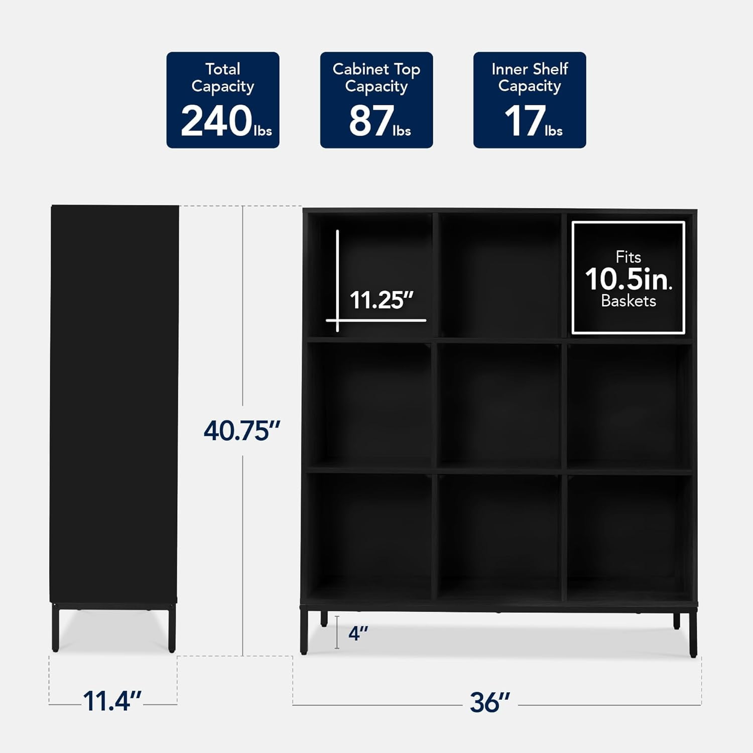 9-Cube Bookshelf, 3-Tier Wood Storage Bookcase W/Legs, 11in Shelf Opening, Cube Organizer, Living Room, Office, Nursery – Black
