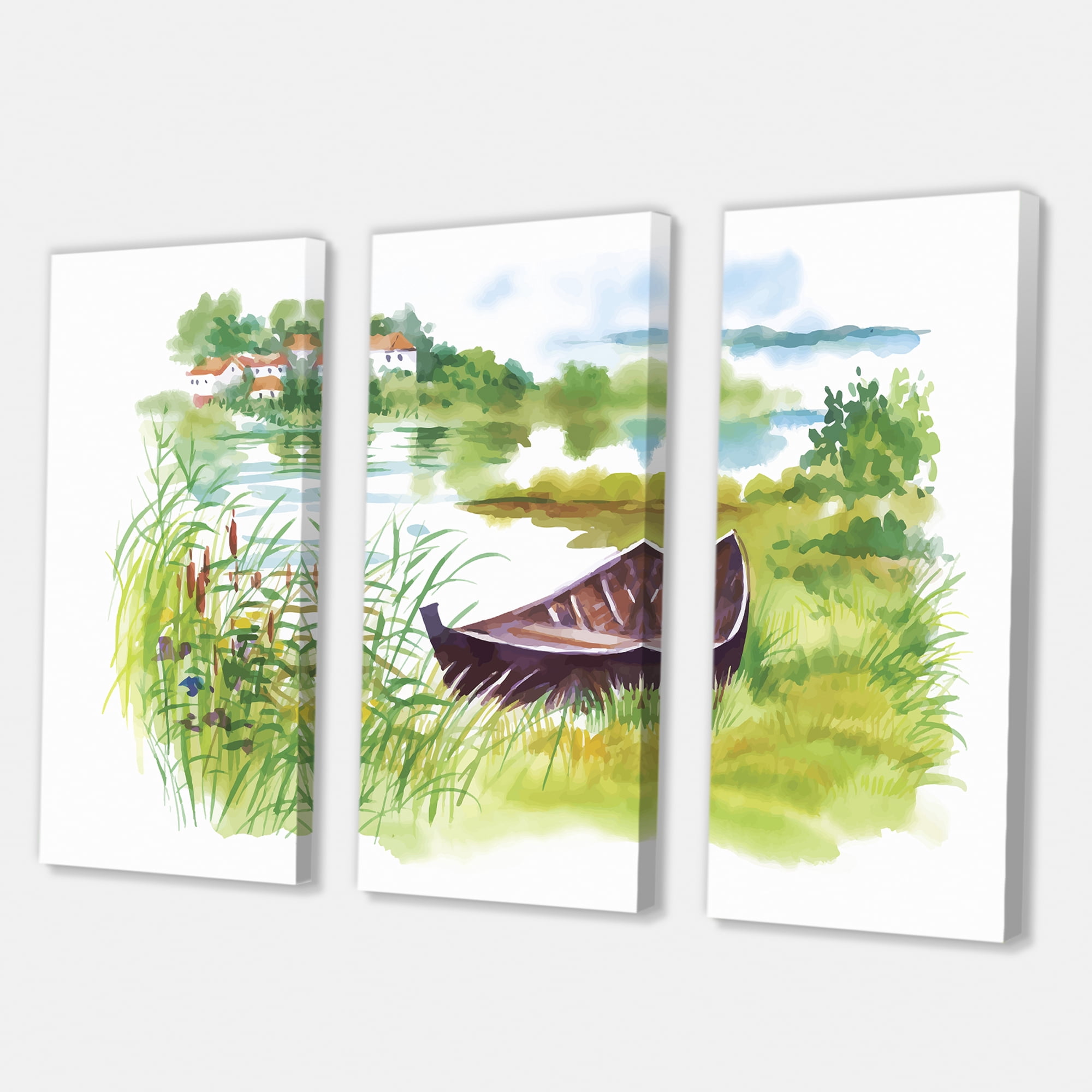 Designart ' Rural Green Landscape With Boat In Lake ' Lake House Canvas Wall Art Print