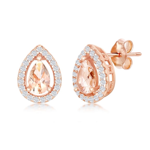 TheJewelryHut Designer Sterling Silver Pear-Shaped Morganite CZ with White CZ Border Stud Earrings - Rose Gold Plated