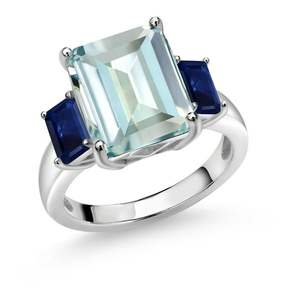 Gem Stone King 925 Sterling Silver Emerald Cut Blue Simulated Aquamarine and Blue Sapphire 3-Stone Ring for Women (6.64 Cttw, Gemstone Birthstone, Size 6)