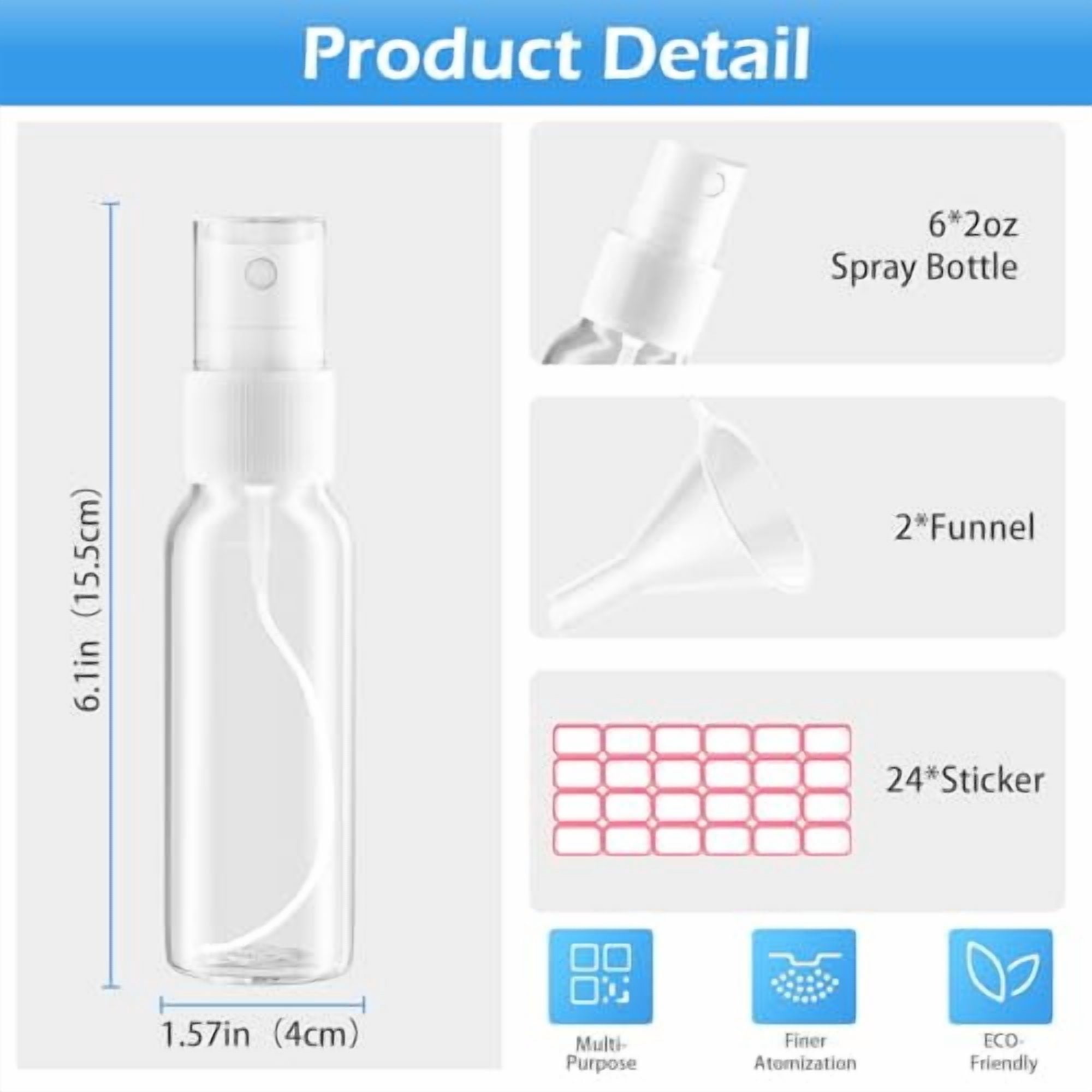 Spray Bottles, 4oz/120ml Clear Empty Fine Mist Plastic Mini Travel Bottle Set, Small Refillable Liquid Containers with 2pcs Funnels and 24pcs Labels (6 Pack)