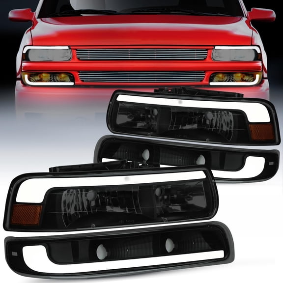 Nilight LED DRL Headlight Assembly for 1999 2000 2001 2002 Chevy Silverado 1500 1500HD 2500 2500HD 3500 Chevrolet Tahoe Suburban Replacement Headlamp Smoked Lens Black Housing Amber Bumper Lights Set