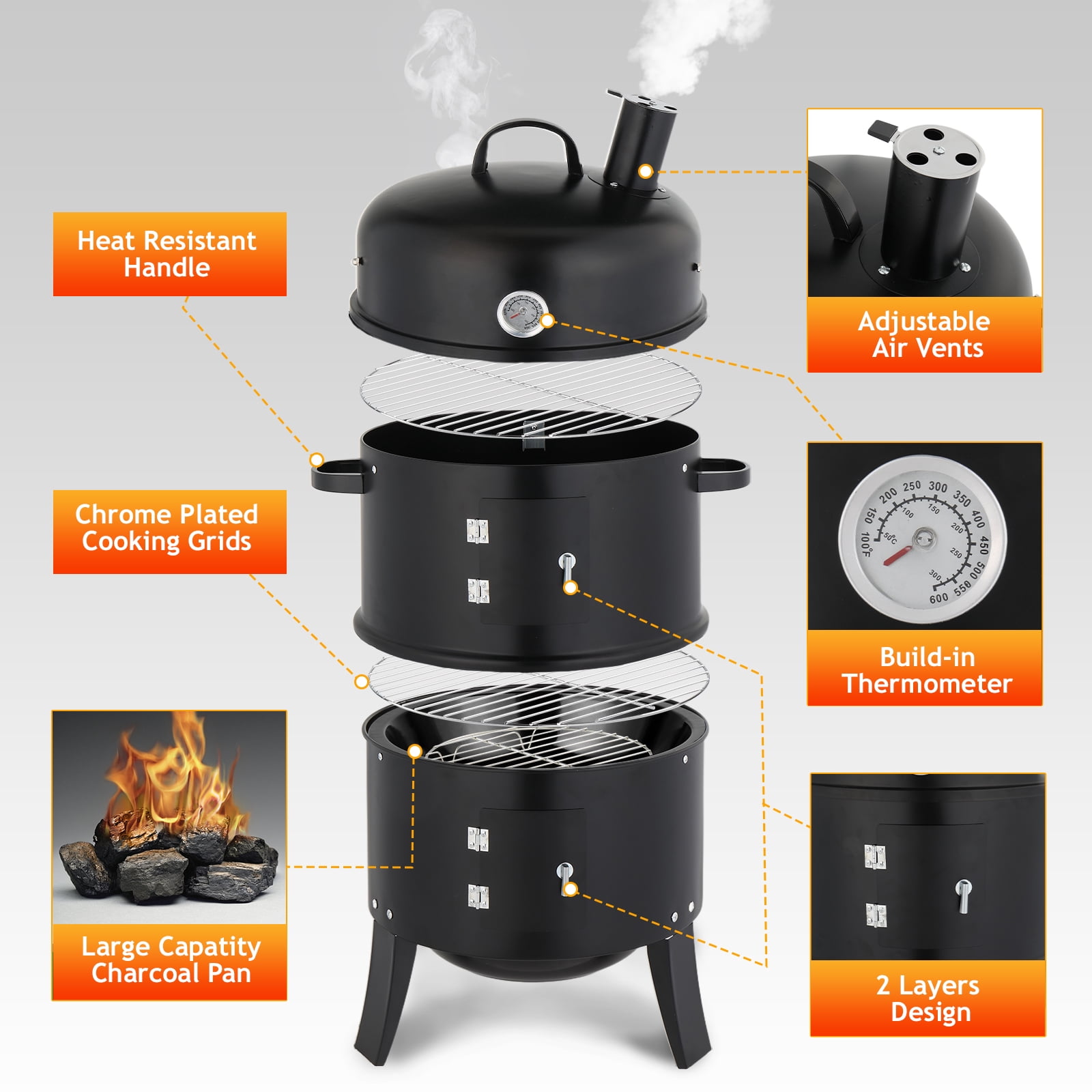 Tcbosik 16 inch Round Charcoal Smoker Grill, Heavy-Duty BBQ Cooker with Hooks and Thermometer for Outdoor Patio, Yard, Garden, Deck, Black