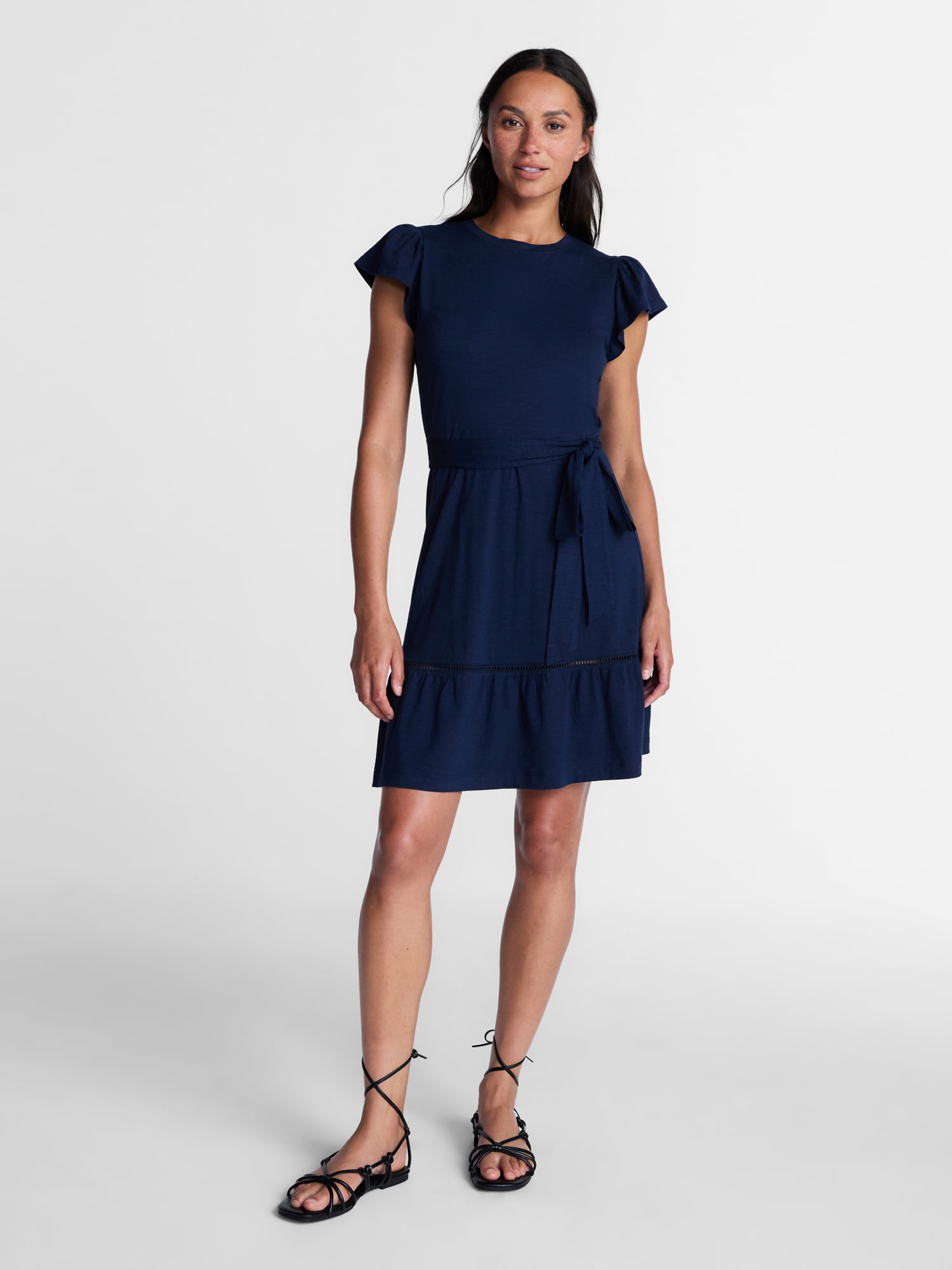 Time and Tru Women's and Women's Plus Belted Mini Dress with Flutter Sleeves, Sizes XS-4X