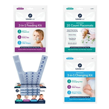 Linnielou LLEC Disposable 3-in-1 Changing Kit, LLEF Disposable 3-in-1 Feeding Kit, LL20PM Disposable Placemats 20 Count & LL400 Disposable Diaper Sacks 400 Count