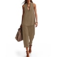 thumbnail image 2 of Favoffer Women Sleeveless V Neck Sets Solid Color Casual Outfit Loose Fitted Long Pants Combo with Functional Pockets for Daily, 2 of 6