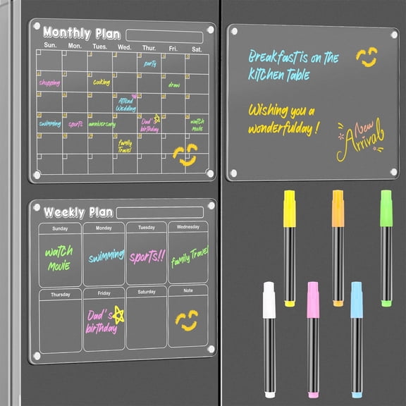 DIYMAG 3 Pack Magnetic Calendar for Refrigerator with 6 Highlights, Acrylic Dry Erase Magnetic Fridge Whiteboard, Planning Board for Fridge Month & Week Planner