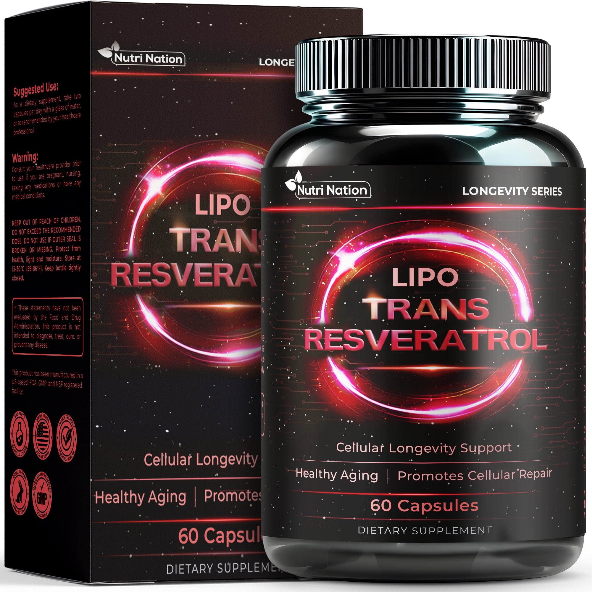 Nutri Nation Liposomal Trans-Resveratrol 500 mg 120 Capsules Antioxidant Supplement for Heart and Cellular Health Healthy Aging Immune System Support 2 Bottles