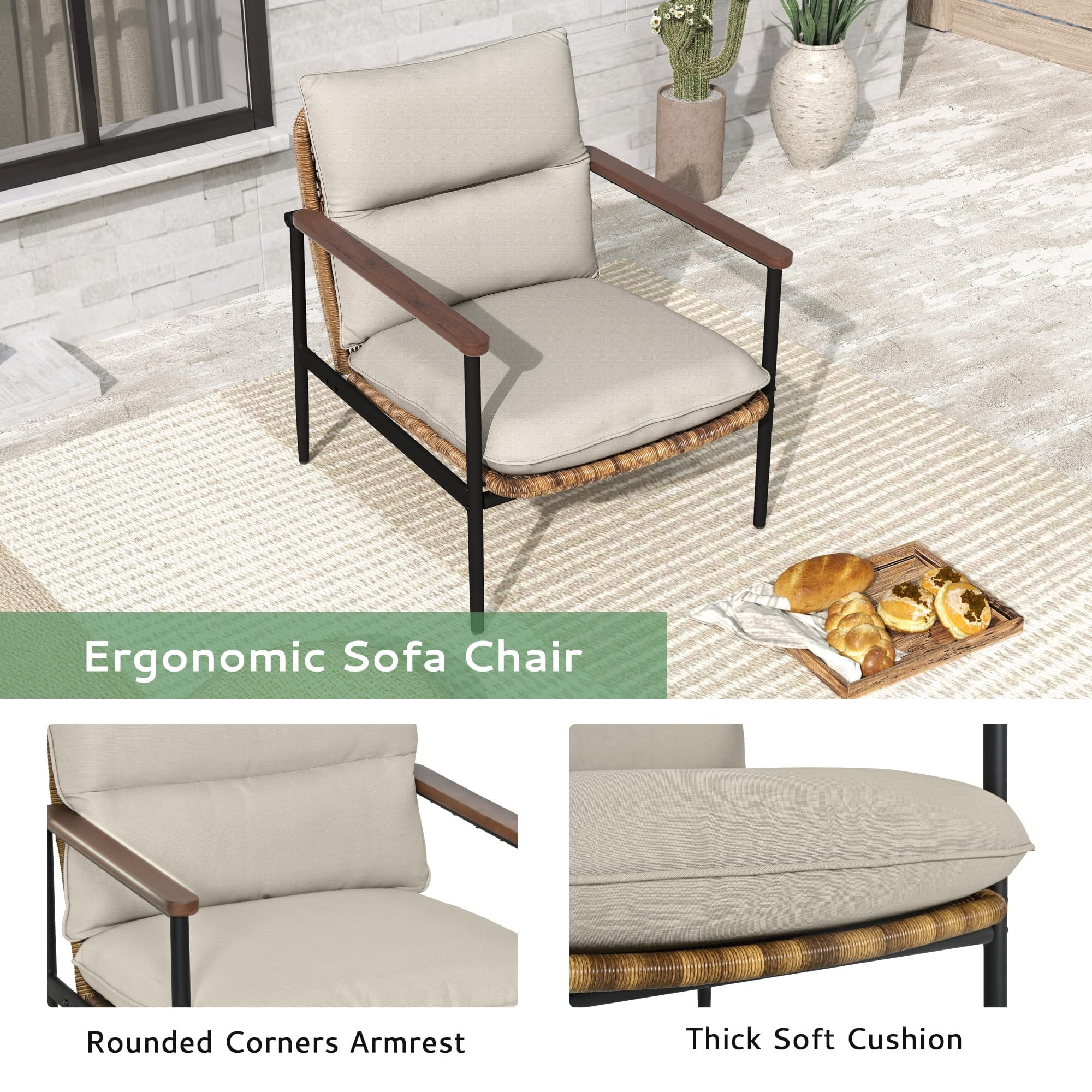3-Piece Outdoor Patio Bistro Set with Aluminum Frame, Wicker Chairs & Acacia Wood Side Table, 4.7" Olefin Cushions, Weather-Resistant for Balcony, Porch, Backyard