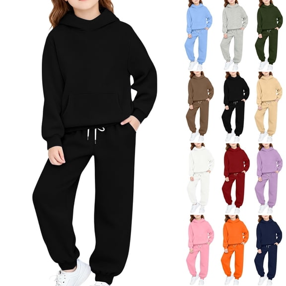 Spazoro Girls Boys Activewear 2 Piece Outfit with Pockets, Fall Winter Solid Color Long Sleeve Hoodie Soft Warm Sweatshirts & Jogger Pants Sets for Kids Black Size 6-7