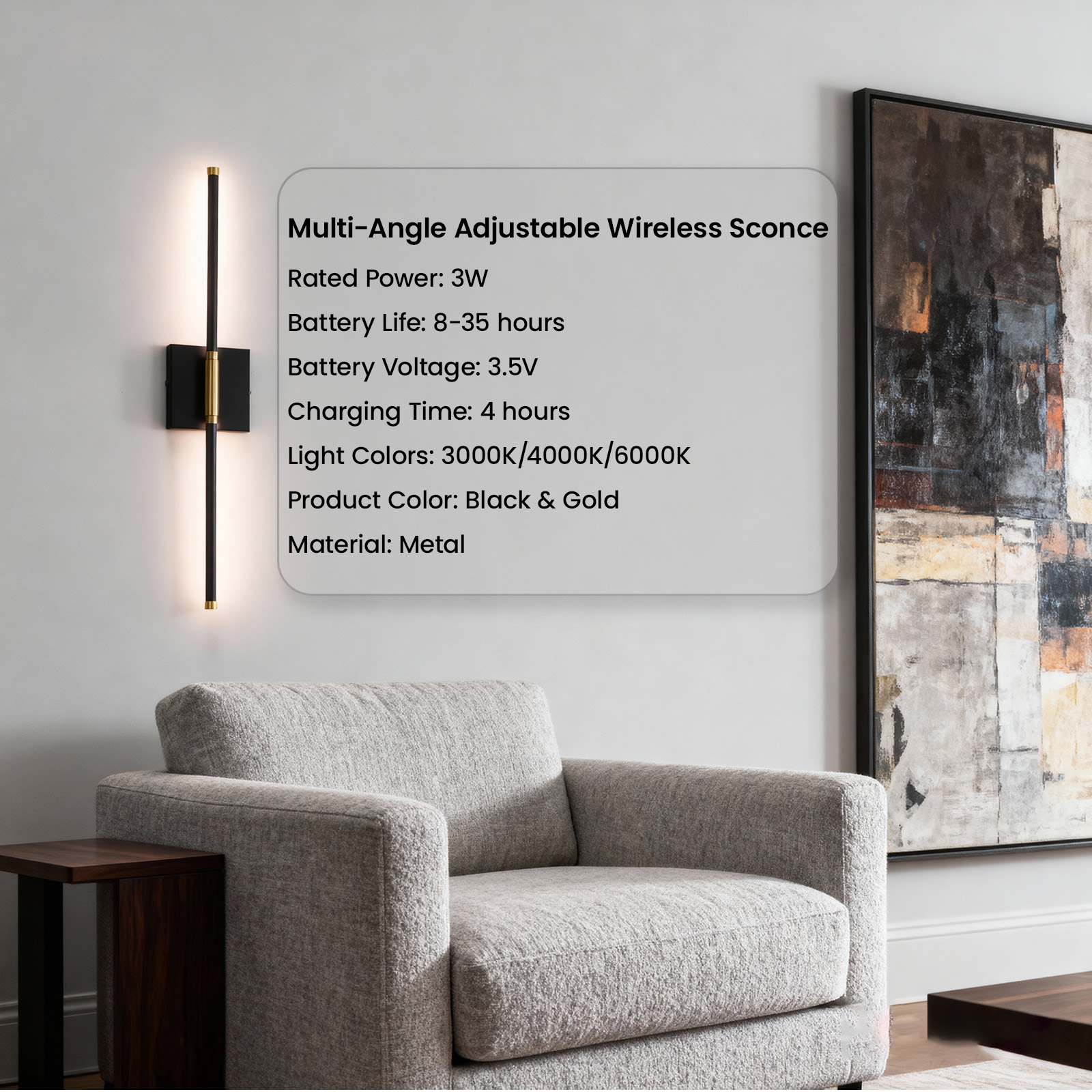 URLIGHTS Battery Operated Wall Sconce Set of 2,Wireless Magnetic Wall Light with 3 Color Lighting,Remote Control Touch Button,28 Inch Metal Wall Lamp for Bedroom,Living Room