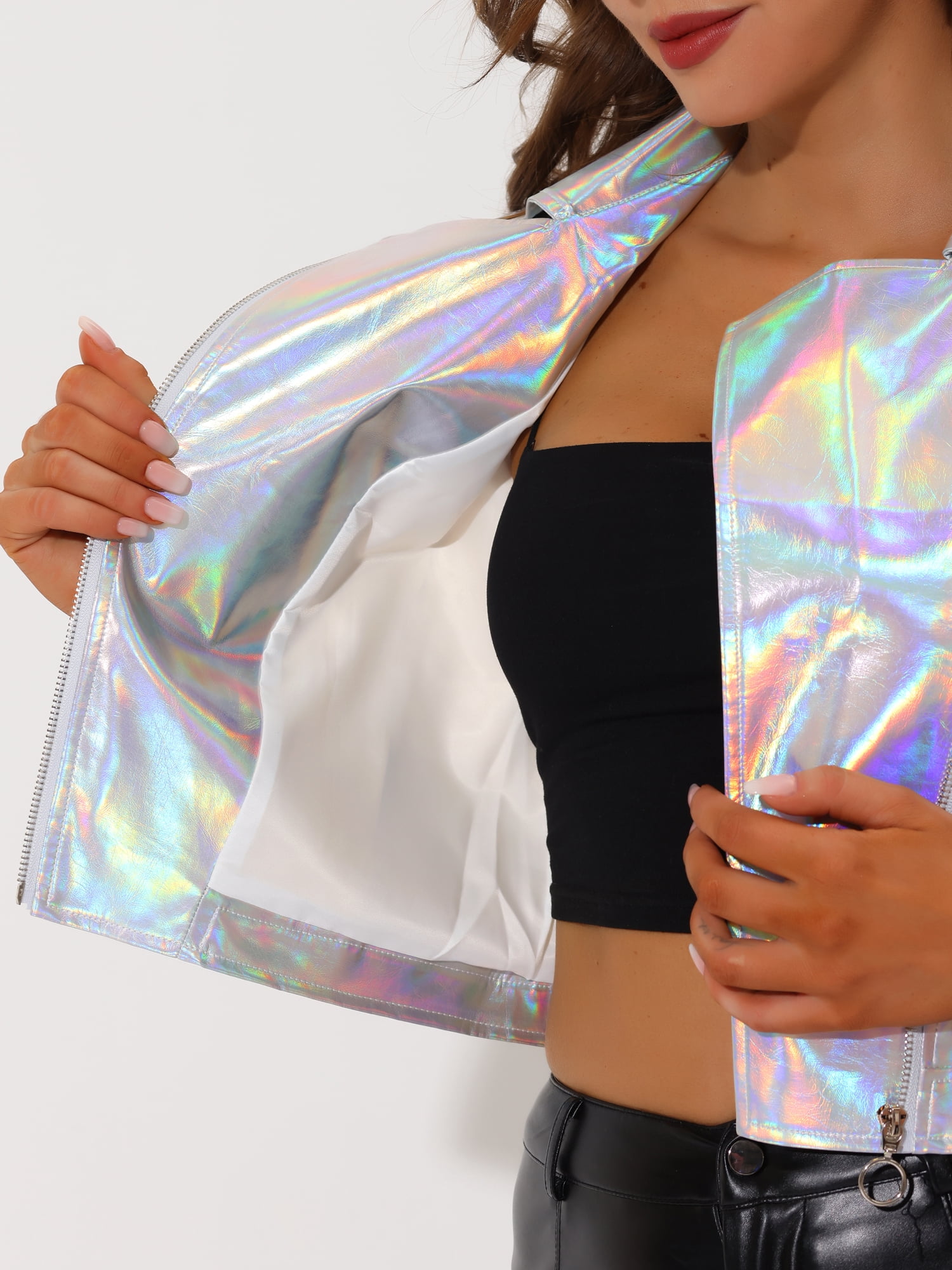 INSPIRE CHIC Women's Metallic Faux Leather Lapel Collar Sleeveless Zip Cropped Vest L Holographic