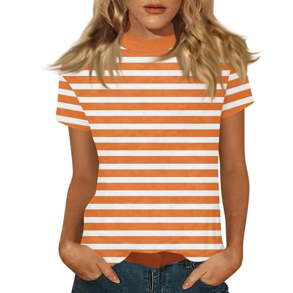 Edvintorg Womens Tops Striped Printed Short Sleeve Crew Neck Loose Fit Casual Tunic Shirts Fashion Clothing Women