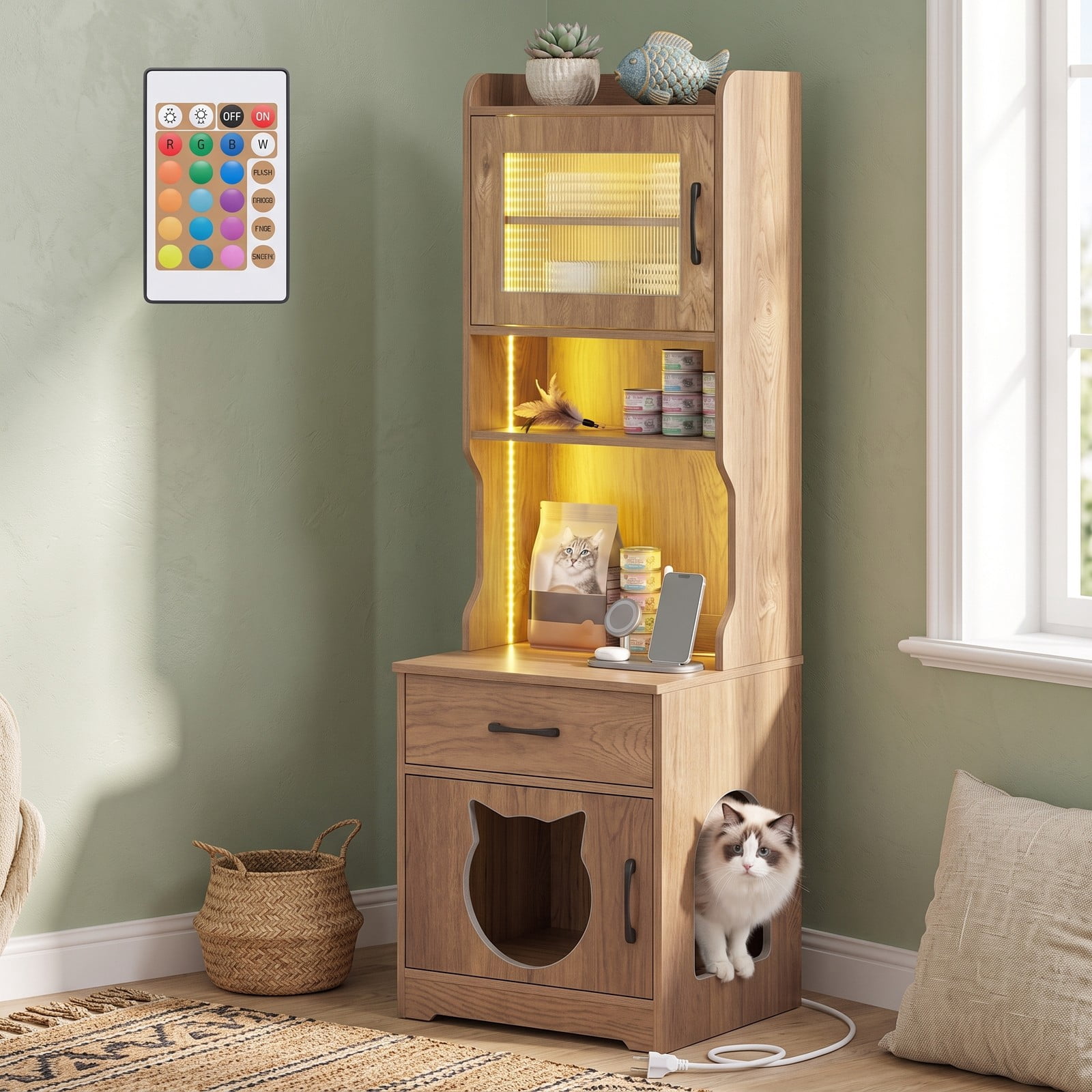 ALPULON 60 Inch Cat Litter Box Enclosure Furniture with Adjustable LED Light, Storage Shelves and Charging Station, Hidden Litter Box Cabinet Side, Natural and White