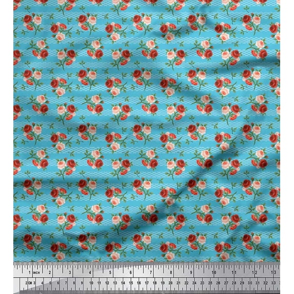 Soimoi Cotton Duck Fabric Waves,Leaves & Rose Floral Decor Fabric Printed Yard 42 Inch Wide