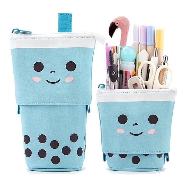 Estuche telescópico para lápices y bolígrafos, bonito estuche de papelería emergente, bolsa transformable vertical con organizador de lunares con cara sonriente, ideal para neceseres y bolsas de