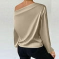 thumbnail image 3 of Olyvenn Stylish Women's Asymmetrical Neck Long Lantern Sleeve Ruched Blouse Work Office Top Y2K Off The Shoulder Top Satin Blouses for Women Beige 4, 3 of 6