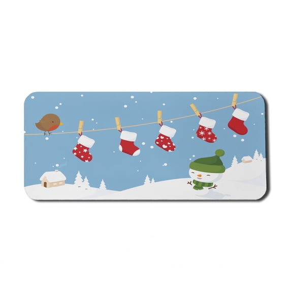 Christmas Computer Mouse Pad, Little Bird and Socks Hanging on Clothesline Snowy Kids Children Cartoon Print, Rectangle Non-Slip Rubber Mousepad X-Large, 35" x 15", White Blue, by Ambesonne