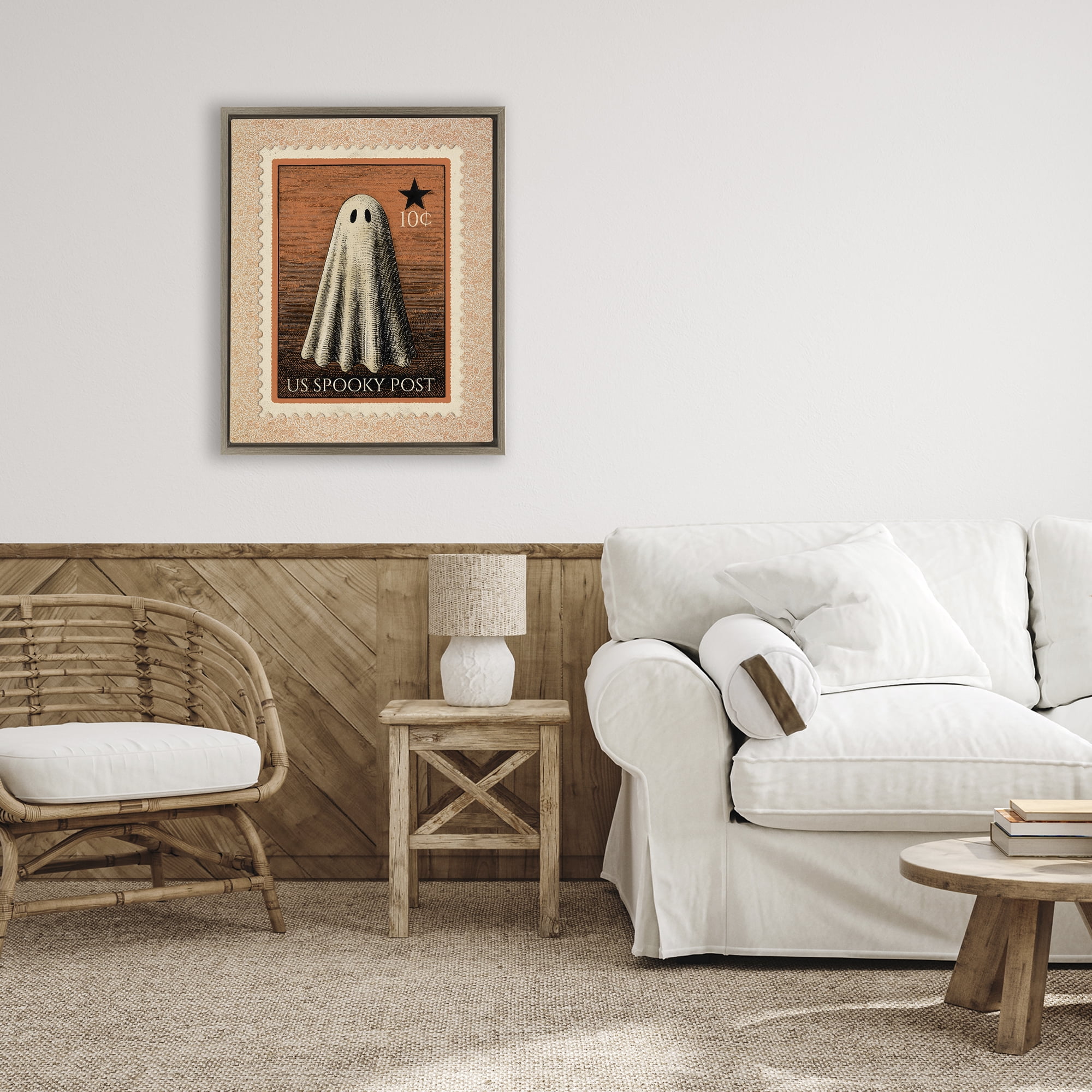 Vintage Ghost Stamp Brown Framed Floater Canvas Wall Art, design by Arlington Prints