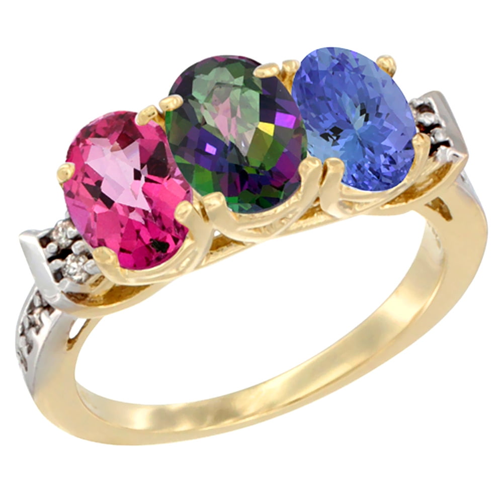 10K Yellow Gold Natural Pink Topaz, Mystic Topaz & Tanzanite Ring 3-Stone Oval 7x5 mm Diamond Accent, sizes 5 10 by WorldJewels