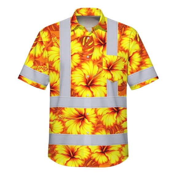 Hi Vis Hawaiian Shirt Reflective Tapes Orange Neon And Yellow Flowers Custom Name Safety Workwear For Workers, Truckers, Operators