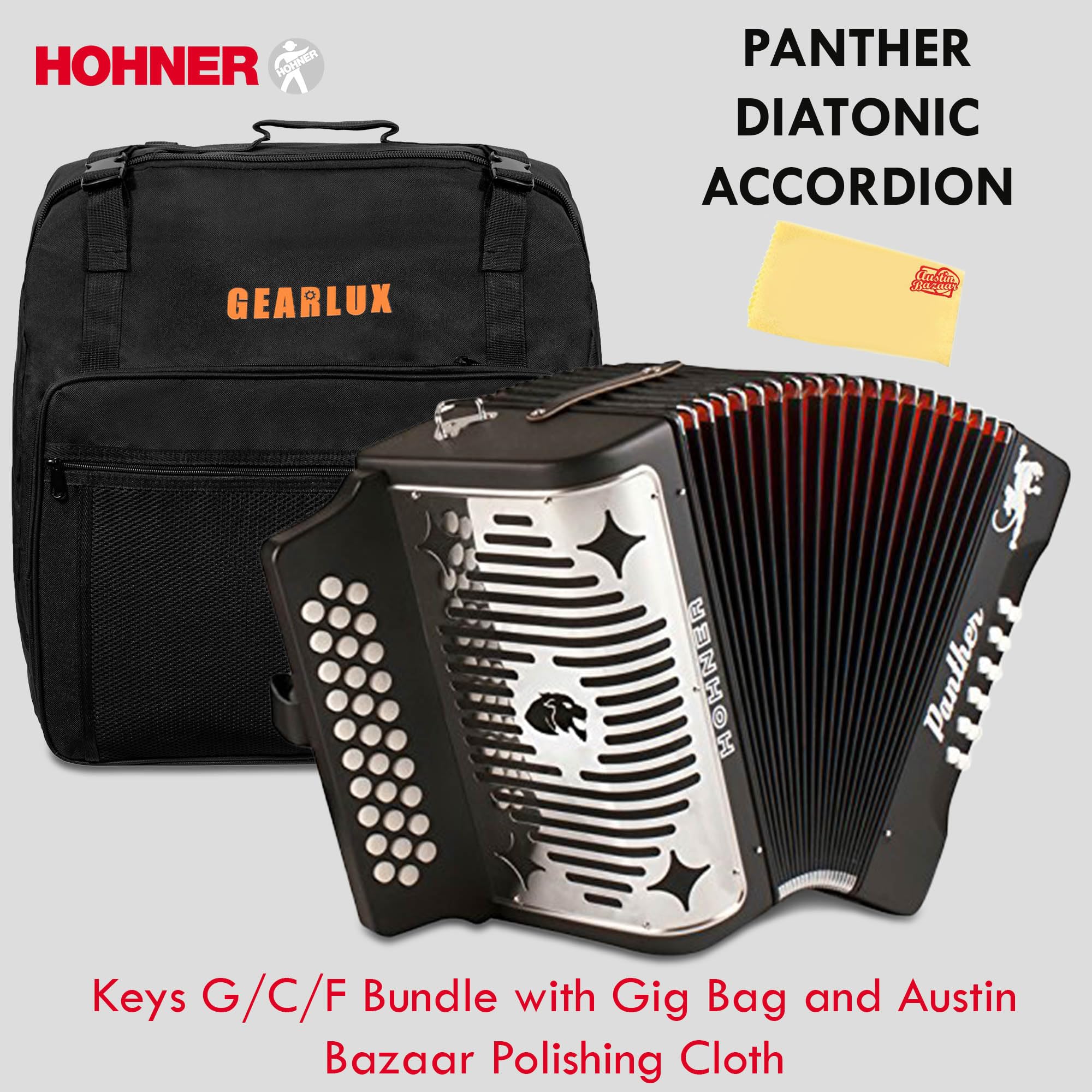 Hohner Panther Diatonic Accordion - Keys G/C/F Bundle with Gig Bag and Austin Bazaar Polishing Cloth