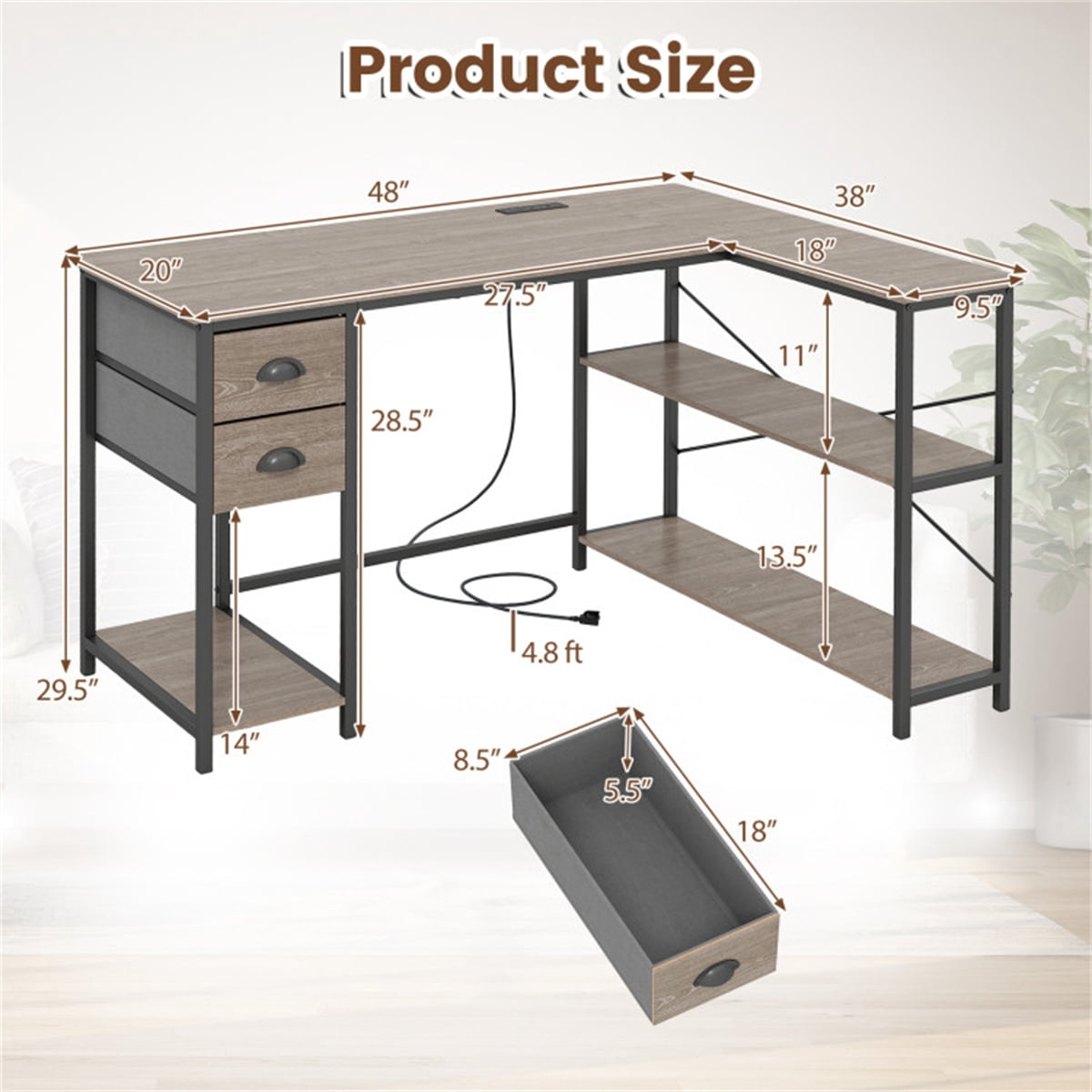 L Shaped Computer Desk with Built in Power Outlet USB Type C Charging Port Home Office Corner Desk with Fabric Drawers Storage Shelves Oak Black