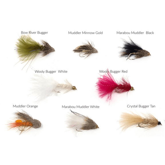 8 Popular Streamers in Many Colors- 16 Wet Flies - Wooly Bugger, Muddler, Conehead