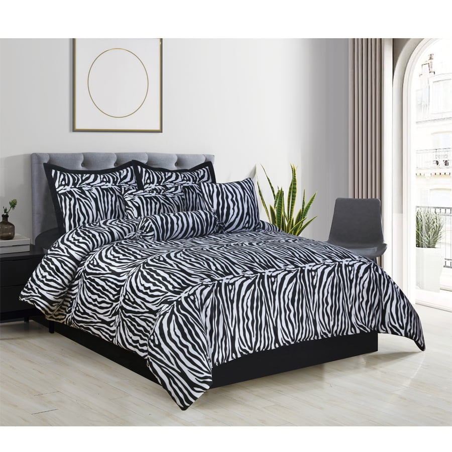 Luxurious Silver Black Zebra Animal Silky Embossed King Queen Comforter Set 