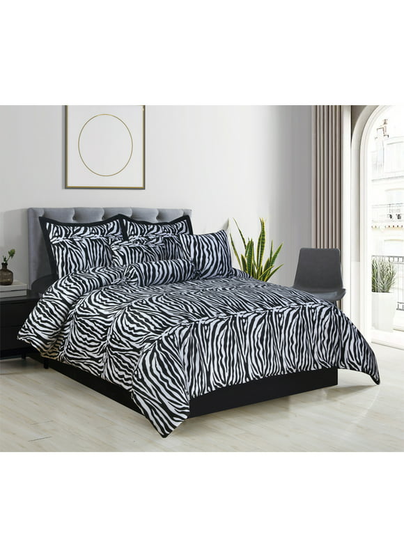 Legacy Decor 7 PC Black and White Zebra Print Faux Fur Queen Size Comforter Bedding Set