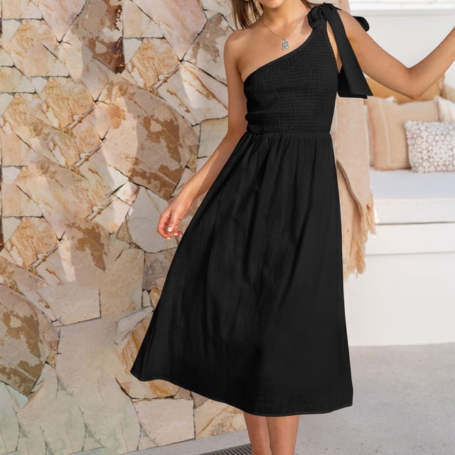 SMihono Robe d'Été pour Femmes Grande Taille Robe Bohème d'Été pour Femmes à Imprimé, une Épaule, Sans Manches, Smockée, Fluide, Robe de Soirée, Robe Maxi de Plage