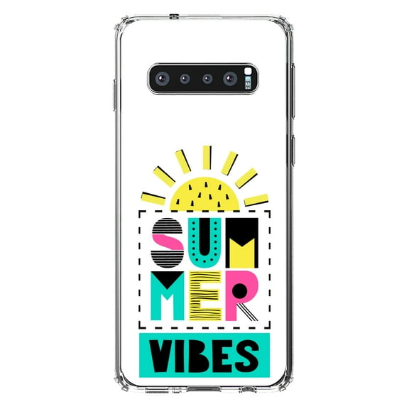 DistinctInk Clear Shockproof Hybrid Case for Samsung Galaxy S10 (6.1" Screen) - TPU Bumper, Acrylic Back, Tempered Glass Screen Protector - Summer Graphics - Summer Vibes Teal yellow Pink