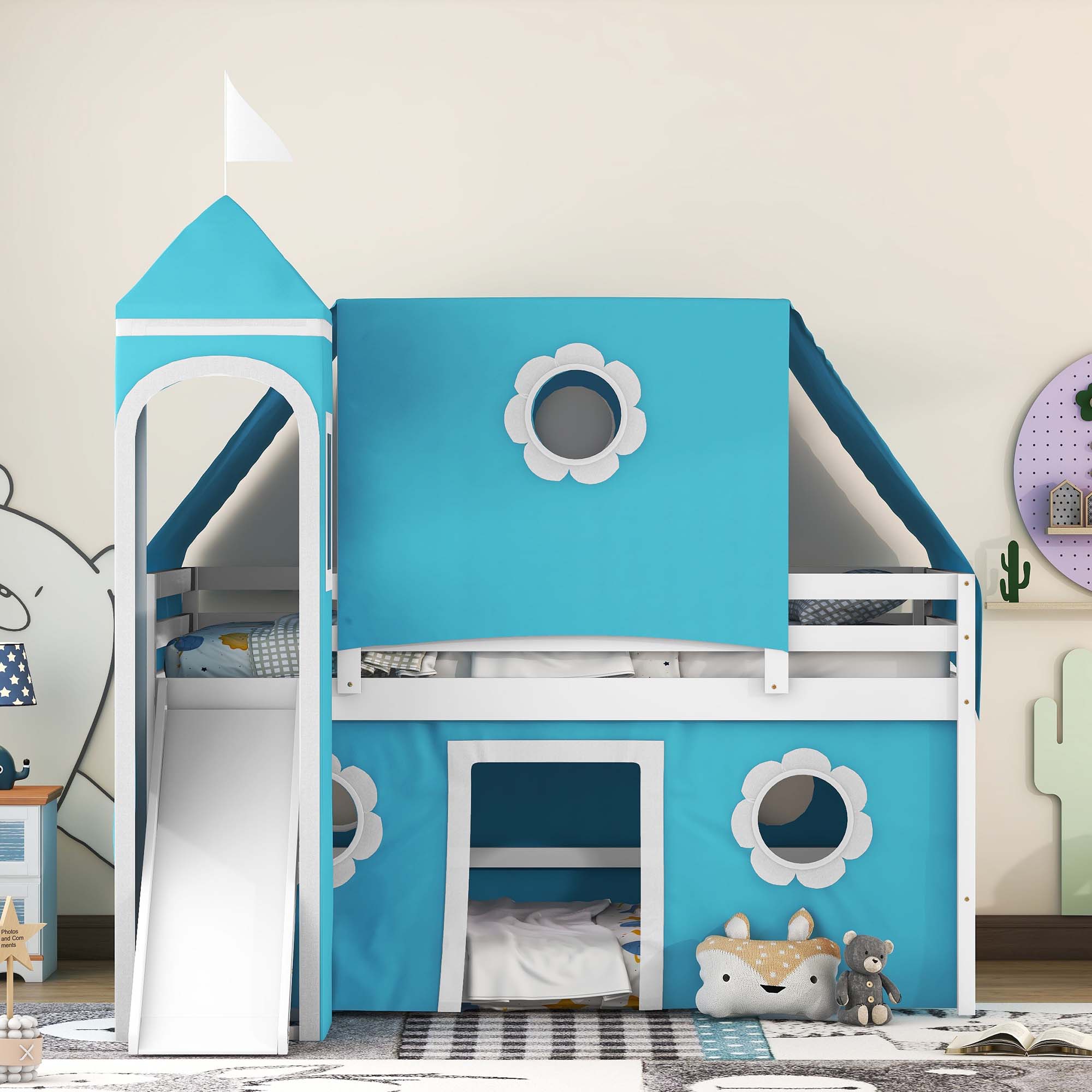 Aukfa Loft Bed with Slide - Full Size Low Castle Bed with Tent and Tower for Kids,Wood - Blue