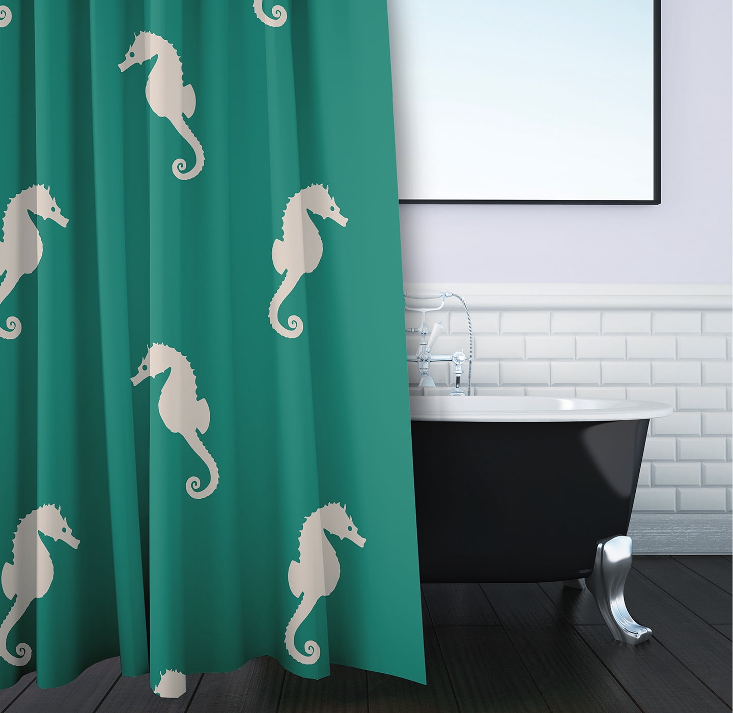 Simply Daisy 70" W x 73" L Sea Horses Polyester Shower Curtain, Kelly Green [1 Ct]